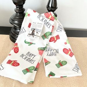 🆕Rae Dunn Set of 2 HAPPY HOLIDAYS MITTEN Kitchen Towels